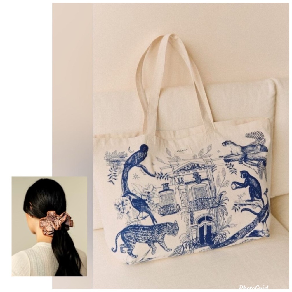 Sezane Paraiso Tote Bag and Maxi Scrunchie Gingham Brand New